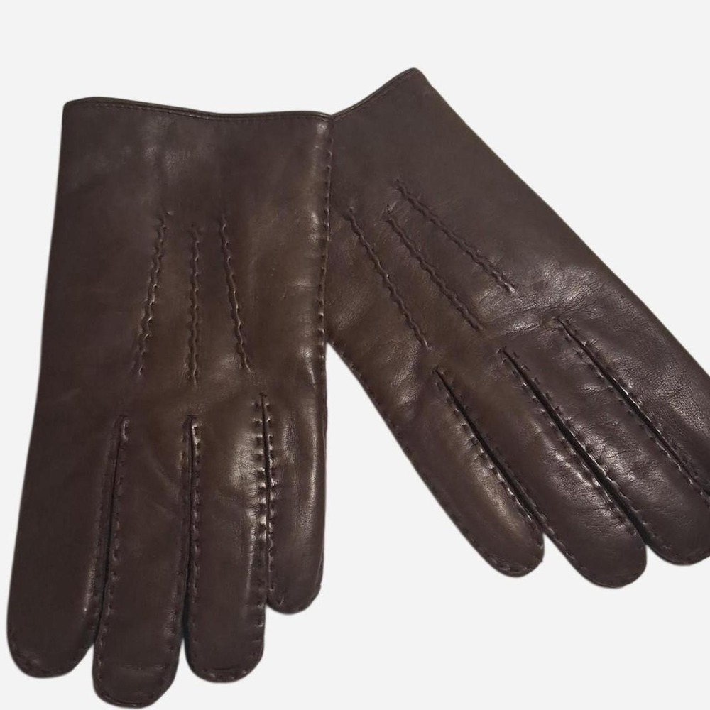 Mens Womens Brown leather gloves fur lined with visible stitching detail